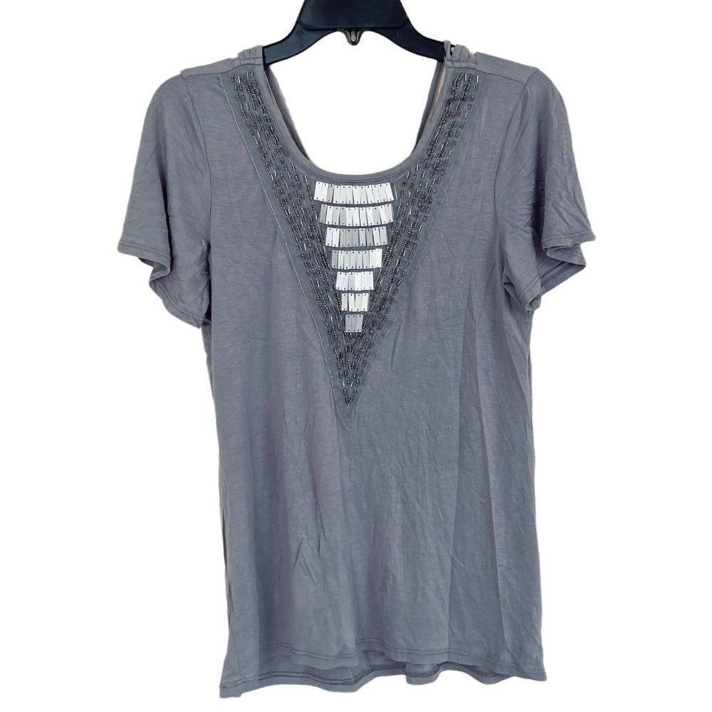 BKE Boutique Blouse Grey Metallic Beads BOHO Gypsy Bling Large Modal Cotton